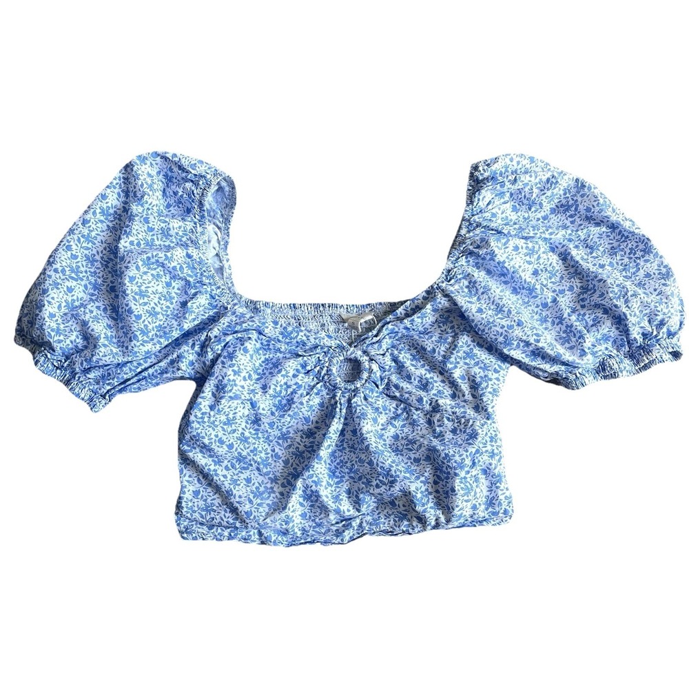 Sim‎ & Sam Floral Crop Top Small Keyhole Neck Puff Sleeves Stretchy Blouse